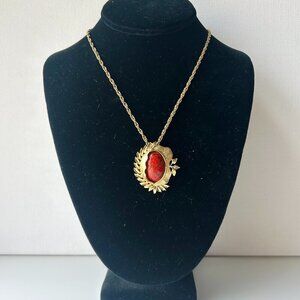 Vintage Gold Pendant Necklace with Red Stone 